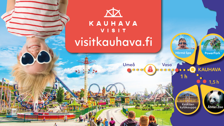 Kuvassa Kauhava kartalla, Ähtäri Zoo, Tuurin kyläkauppa, yhteys Uumajaan, PowerPark sekä Härmän kylpylä