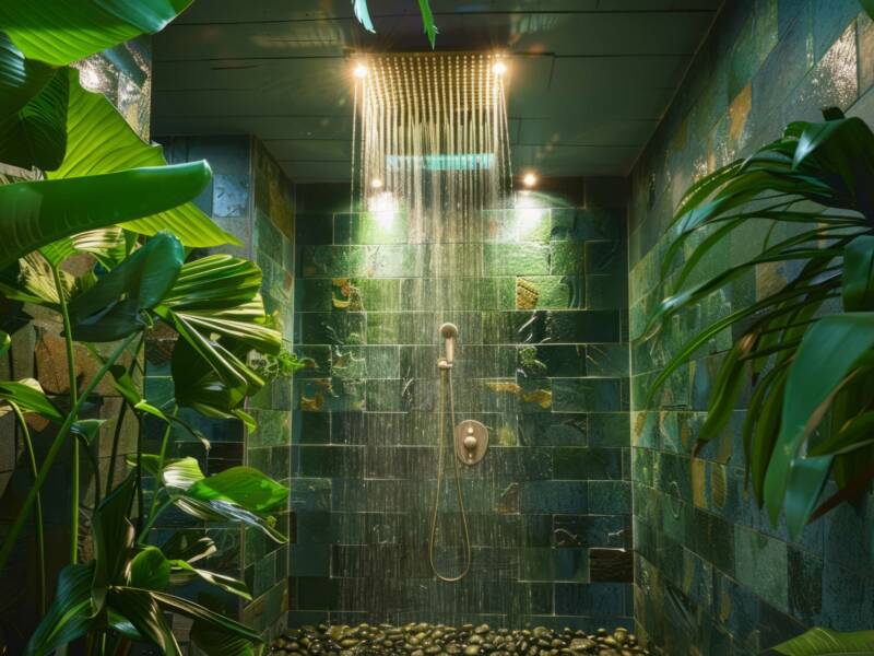 Rentoudu ihanan trooppisessa sadesuihkussa.