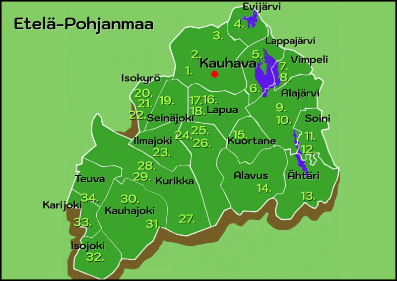 Etelä-Pohjanmaan kartta, jossa 34 eri matkakohdetta.